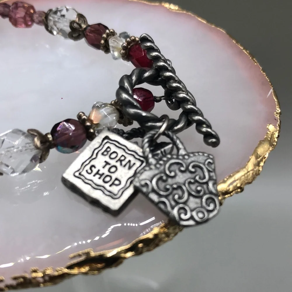 BORN to shop crystal pewter charm bracelet toggle clasp vintage 90’s